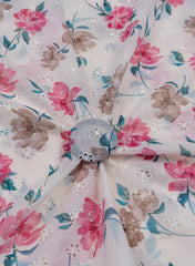 (Pre Cut-2.5 Meter) Linen Schiffli  White And Pink Color Floral Digital Print Embroidery Fabric.