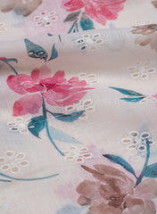 (Pre Cut-2.5 Meter) Linen Schiffli  White And Pink Color Floral Digital Print Embroidery Fabric.