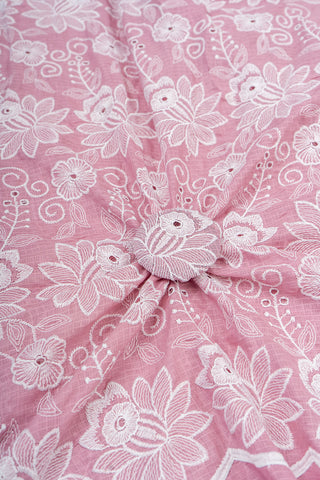 (Pre Cut-1 Meter) Cotton Kota Checks Plum Purple Color Thread Work Floral Embroidery Fabric.