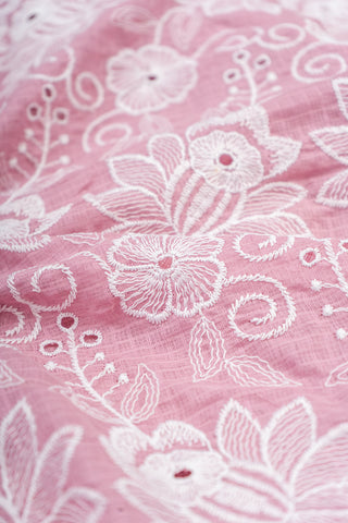 (Pre Cut-1 Meter) Cotton Kota Checks Plum Purple Color Thread Work Floral Embroidery Fabric.