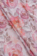 Linen Satin Shades Of Pink Color Floral Digital Print Fabric.