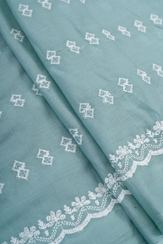 (Pre Cut-3.25 Meter) Pure Cotton Cambric Mint Green Color Geometrical Embroidery Fabric.