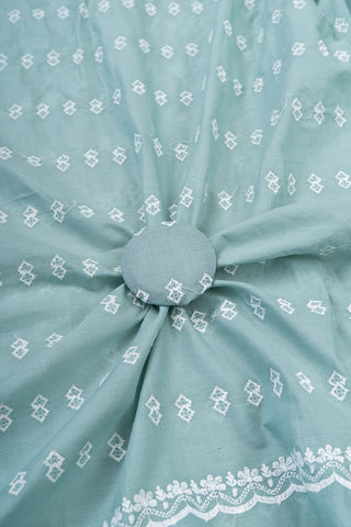 (Pre Cut-3.25 Meter) Pure Cotton Cambric Mint Green Color Geometrical Embroidery Fabric.