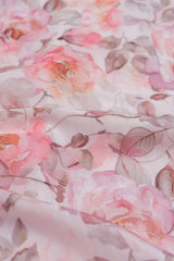 Linen Satin Shades Of Pink Color Floral Digital Print Fabric.