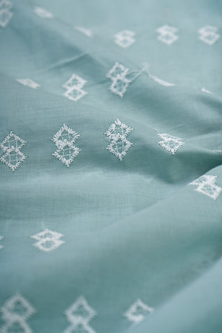 (Pre Cut-3.25 Meter) Pure Cotton Cambric Mint Green Color Geometrical Embroidery Fabric.