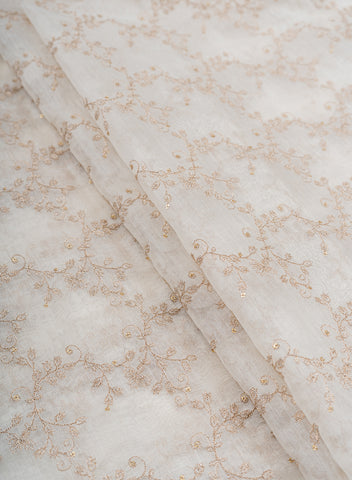 (Pre Cut-2.5 Meter) Pure Chanderi Dyeable Kalamkari Pattern Zari And Sequins Embroidery Fabric.