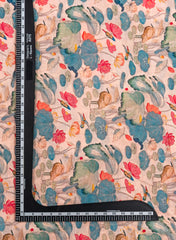 Linen Satin Peach Color Floral Pattern Digital Print Fabric.