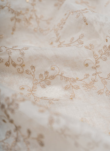 (Pre Cut-2.5 Meter) Pure Chanderi Dyeable Kalamkari Pattern Zari And Sequins Embroidery Fabric.