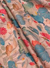 Linen Satin Peach Color Floral Pattern Digital Print Fabric.