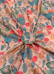 Linen Satin Peach Color Floral Pattern Digital Print Fabric.
