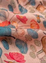 Linen Satin Peach Color Floral Pattern Digital Print Fabric.