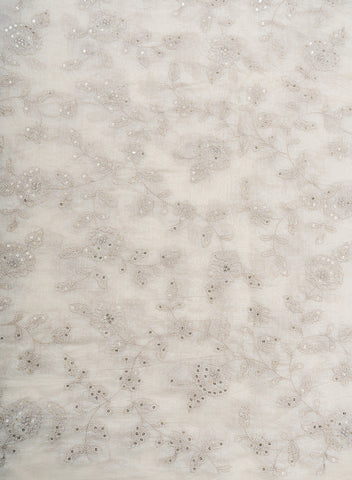 (Pre Cut-1.5 Meter) Pure Chanderi Dyeable Floral Pattern Zari And Sequins Embroidery Fabric.