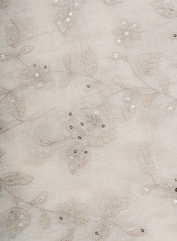(Pre Cut-1.5 Meter) Pure Chanderi Dyeable Floral Pattern Zari And Sequins Embroidery Fabric.