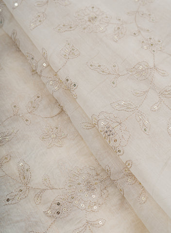 (Pre Cut-1.5 Meter) Pure Chanderi Dyeable Floral Pattern Zari And Sequins Embroidery Fabric.