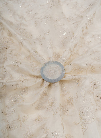 (Pre Cut-1.5 Meter) Pure Chanderi Dyeable Floral Pattern Zari And Sequins Embroidery Fabric.