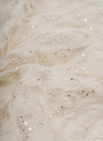 (Pre Cut-1.5 Meter) Pure Chanderi Dyeable Floral Pattern Zari And Sequins Embroidery Fabric.