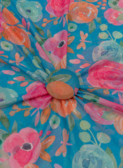 Shimmer Georgette Aqua Blue Color Floral Pattern Digital Print Fabric.