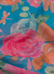 Shimmer Georgette Aqua Blue Color Floral Pattern Digital Print Fabric.