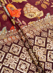 Pure Georgette Burgundy Color Floral Digital Print Daman Embroidery Big Panna Fabric.