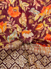 Pure Georgette Burgundy Color Floral Digital Print Daman Embroidery Big Panna Fabric.