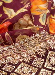 Pure Georgette Burgundy Color Floral Digital Print Daman Embroidery Big Panna Fabric.