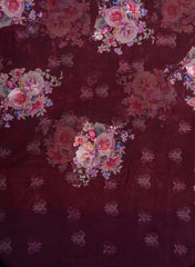 Pure Organza Purple Color Floral Digital Print With Thread Work Embroidery Fabric.