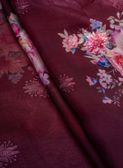 Pure Organza Purple Color Floral Digital Print With Thread Work Embroidery Fabric.