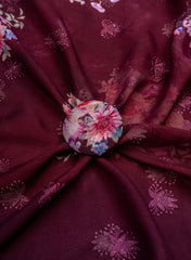 Pure Organza Purple Color Floral Digital Print With Thread Work Embroidery Fabric.