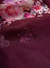 Pure Organza Purple Color Floral Digital Print With Thread Work Embroidery Fabric.