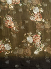 Pure Organza Dark Olive Green Color Floral Digital Print With Thread Work Embroidery Fabric.