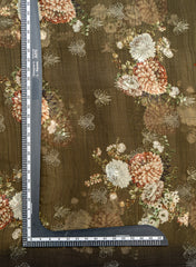Pure Organza Dark Olive Green Color Floral Digital Print With Thread Work Embroidery Fabric.