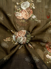 Pure Organza Dark Olive Green Color Floral Digital Print With Thread Work Embroidery Fabric.