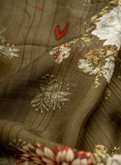 Pure Organza Dark Olive Green Color Floral Digital Print With Thread Work Embroidery Fabric.