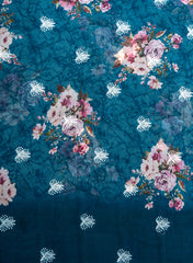 Pure Organza Navy Blue Color Floral Digital Print With Thread Work Embroidery Fabric.