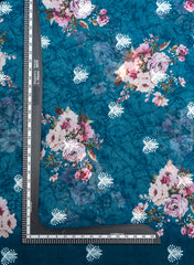 Pure Organza Navy Blue Color Floral Digital Print With Thread Work Embroidery Fabric.