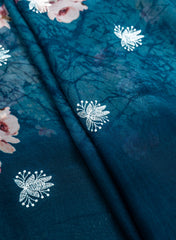 Pure Organza Navy Blue Color Floral Digital Print With Thread Work Embroidery Fabric.