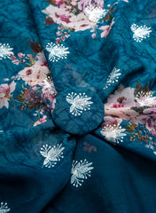 Pure Organza Navy Blue Color Floral Digital Print With Thread Work Embroidery Fabric.