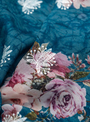 Pure Organza Navy Blue Color Floral Digital Print With Thread Work Embroidery Fabric.