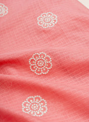 Cotton Kota Checks  Mauve Pink Color Thread Work Floral Embroidery Fabric.