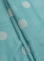 Cotton Kota Checks Sky Blue Color Thread Work Floral Embroidery Fabric.