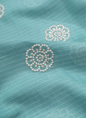 Cotton Kota Checks Sky Blue Color Thread Work Floral Embroidery Fabric.