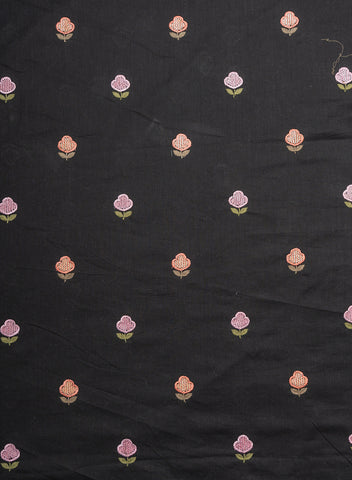 (Precut - 1.5 Meter) Pure Cotton Cambric Black Color Floral Pattern Resham Work Embroidery Fabric.