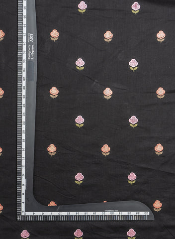 (Precut - 1.5 Meter) Pure Cotton Cambric Black Color Floral Pattern Resham Work Embroidery Fabric.