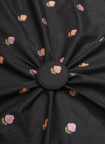 (Precut - 1.5 Meter) Pure Cotton Cambric Black Color Floral Pattern Resham Work Embroidery Fabric.