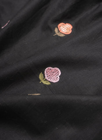 (Precut - 1.5 Meter) Pure Cotton Cambric Black Color Floral Pattern Resham Work Embroidery Fabric.