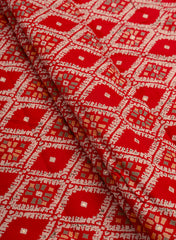 Modal Chanderi Red Color Ikat Screen Print Fabric With Big Panna Foil.