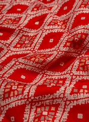 Modal Chanderi Red Color Ikat Screen Print Fabric With Big Panna Foil.
