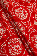 Pure Rayon Red Color bandhani Pattern Screen Print Fabric With Foil Big Panna.