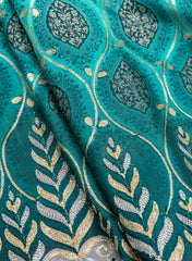 Pure Muslin Shades Of Blue Color Floral Daman Embroidery Fabric.