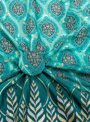 Pure Muslin Shades Of Blue Color Floral Daman Embroidery Fabric.